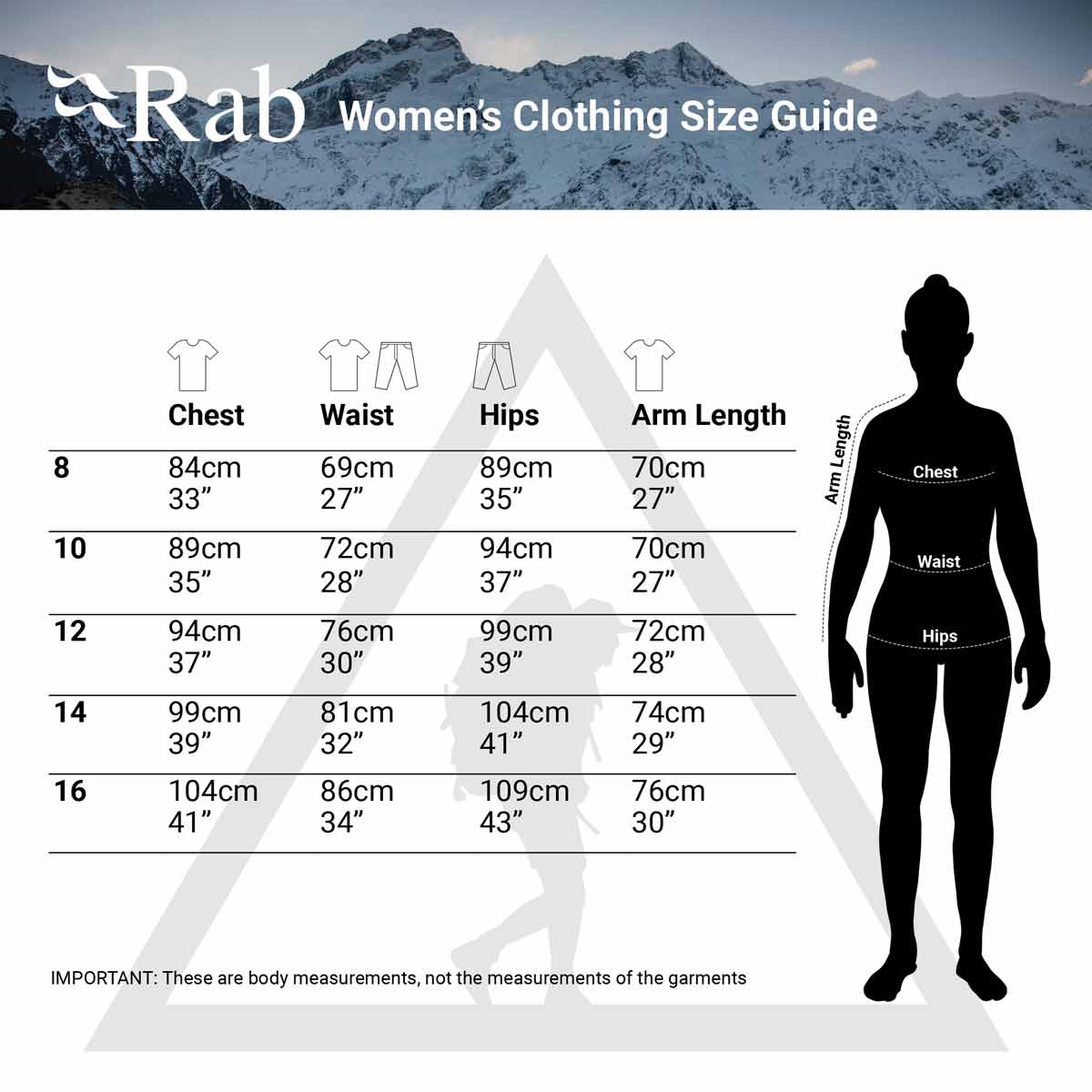RAB Clothing Sizing Chart Complete Outdoors NZ
